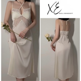 Váy ngủ (V36) - Váy tiểu thư lụa cao cấp phối ren lưới hở eo dáng dài sang trọng