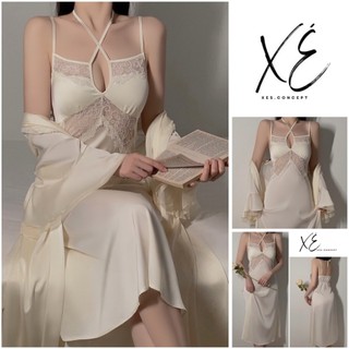 Váy ngủ (V36) - Váy tiểu thư lụa cao cấp phối ren lưới hở eo dáng dài sang trọng