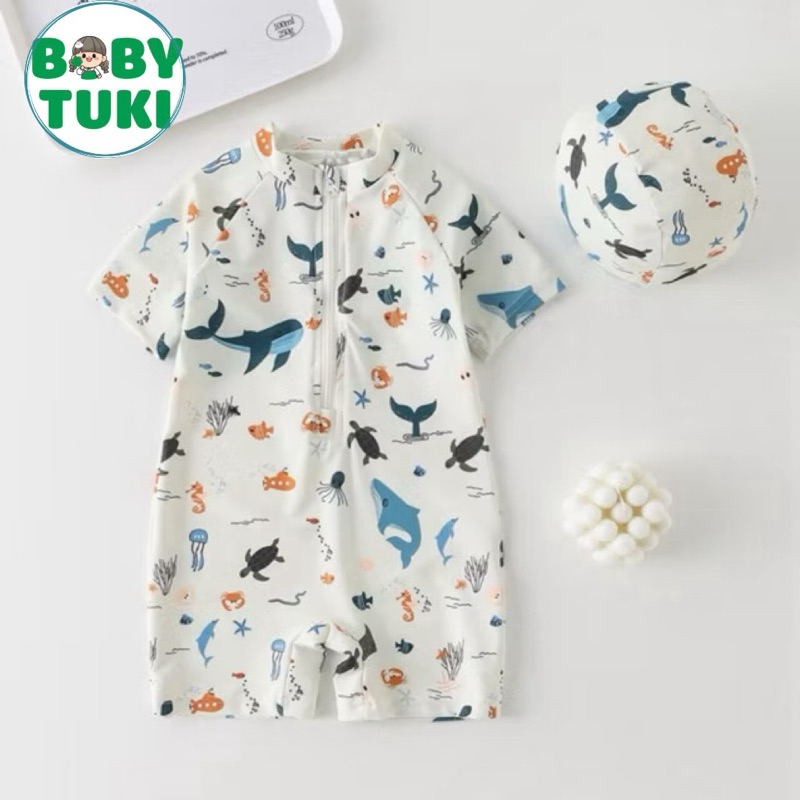 Đồ bơi cho bé trai kèm mũ hoạ tiết đại dương, đồ bơi bé trai cộc tay sz 10-30kg