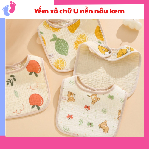 Yếm Chữ U chống thấm NỀN NÂU KEM cho bé trai bé gái 0-2 tuổi saubabi