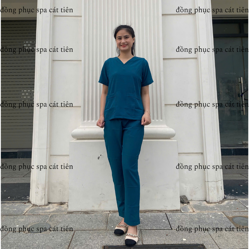Bộ Scrubs cổ tim màu xanh cổ vịt, chất vải lon giãn, trẻ trung, thoáng mát,spa, y tế