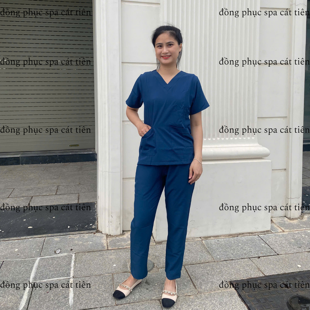 Bộ Scrubs cổ tim màu xanh coban, chất vải lon giãn, trẻ trung, thoáng mát, thiết kế có túi tiện lợi,spa,y tế