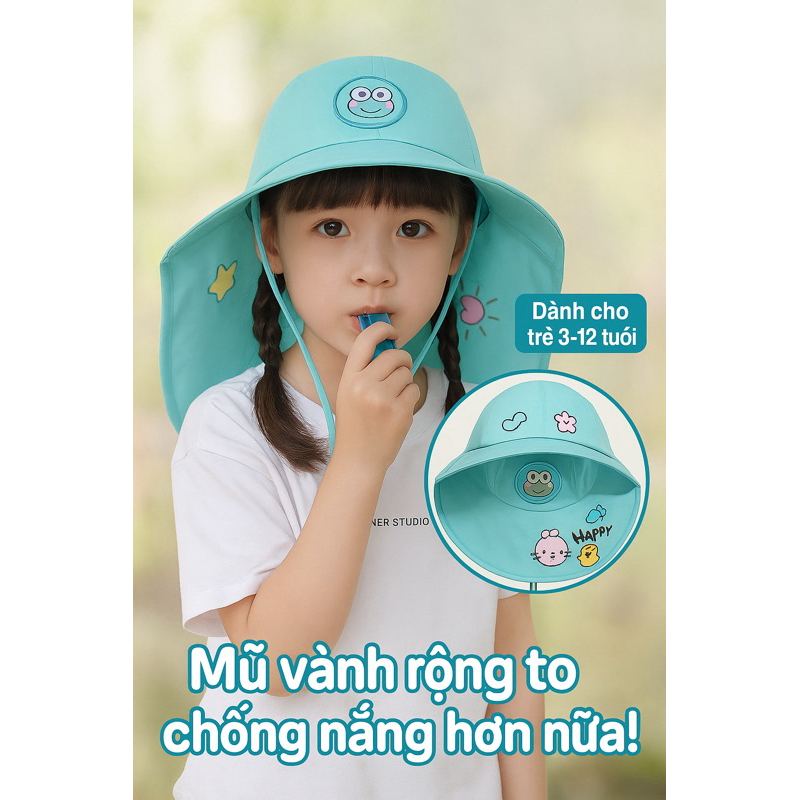 Mũ hở chóp vành rộng chống nắng trùm đầu che vai dễ thương cho bé 4-10 tuổi