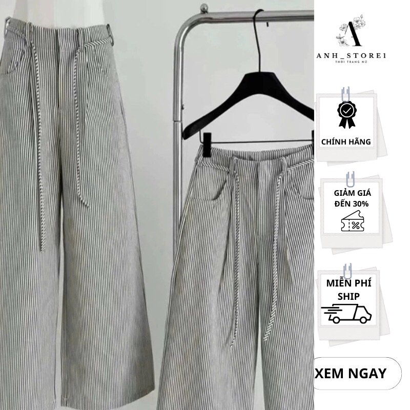 Quần Kẻ Sọc Nữ Chất Kaki Mix Dây Eo Lưng Cao Tôn Dáng Mặc Thoải Mái Hot Trend