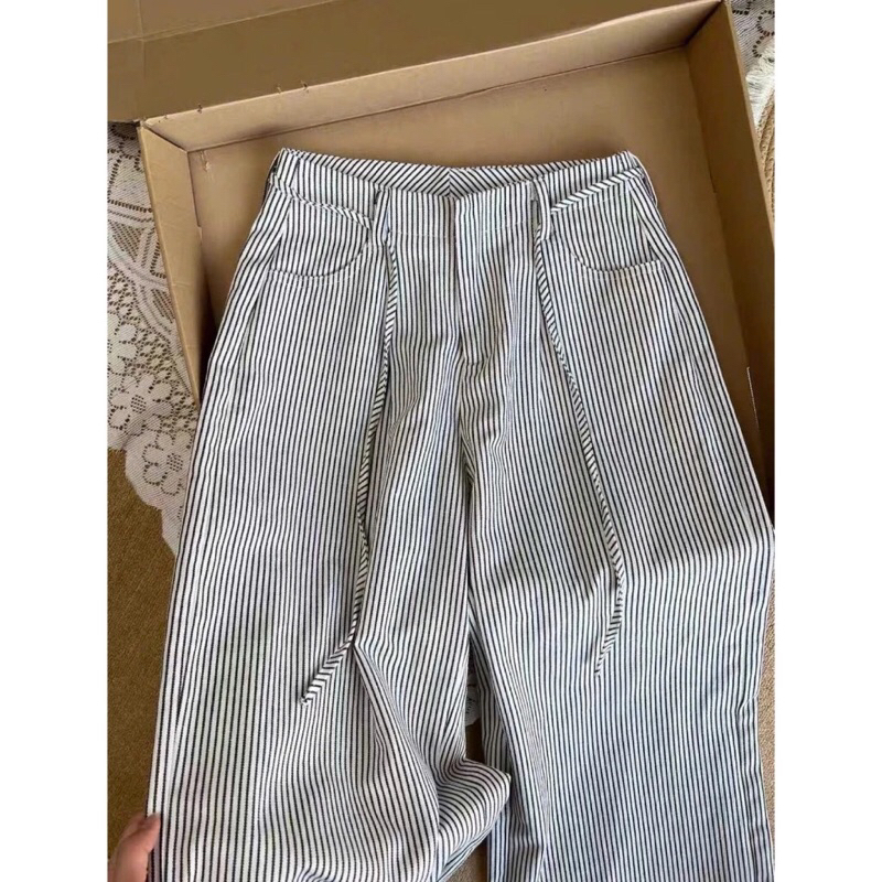 Quần Kẻ Sọc Nữ Chất Kaki Mix Dây Eo Lưng Cao Tôn Dáng Mặc Thoải Mái Hot Trend