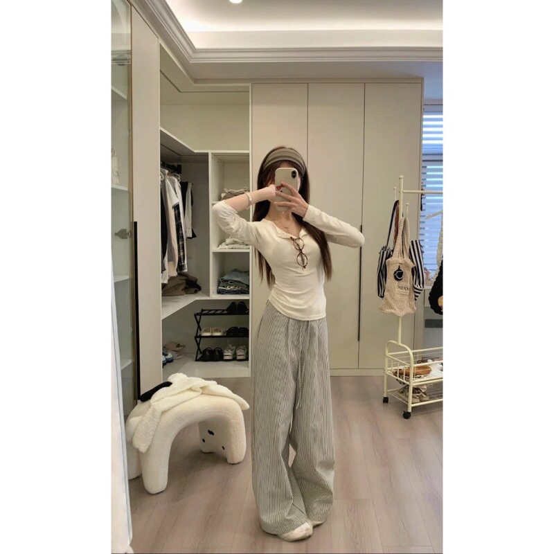 Quần Kẻ Sọc Nữ Chất Kaki Mix Dây Eo Lưng Cao Tôn Dáng Mặc Thoải Mái Hot Trend