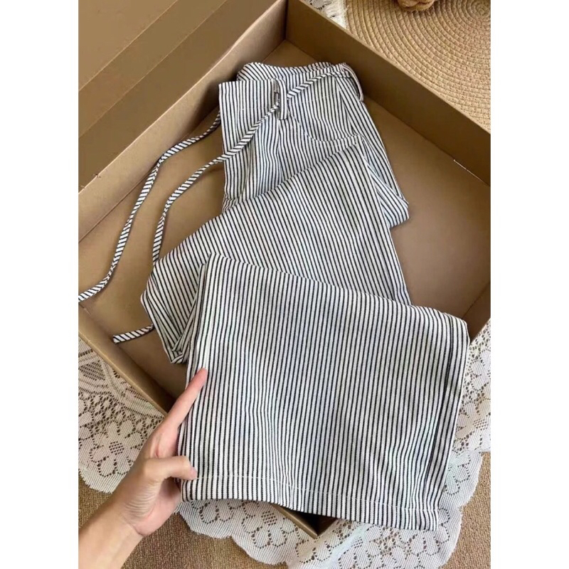 Quần Kẻ Sọc Nữ Chất Kaki Mix Dây Eo Lưng Cao Tôn Dáng Mặc Thoải Mái Hot Trend
