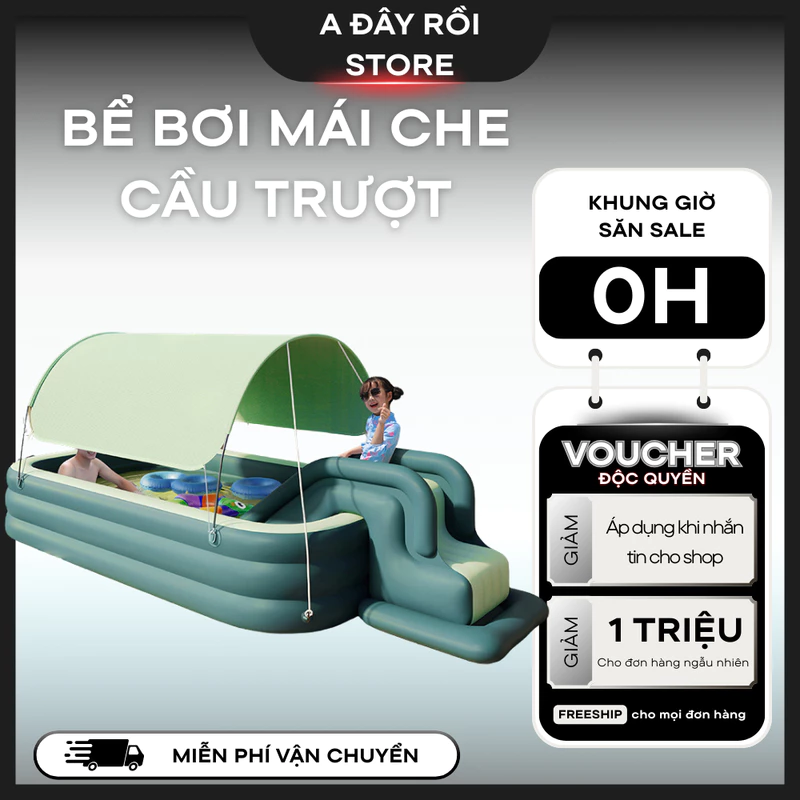 Bể bơi phao 4 mùa có mái che KAW, Bể bơi có cầu trượt phao bền đẹp, chống trượt, nhiều kích thước — ảnh 1