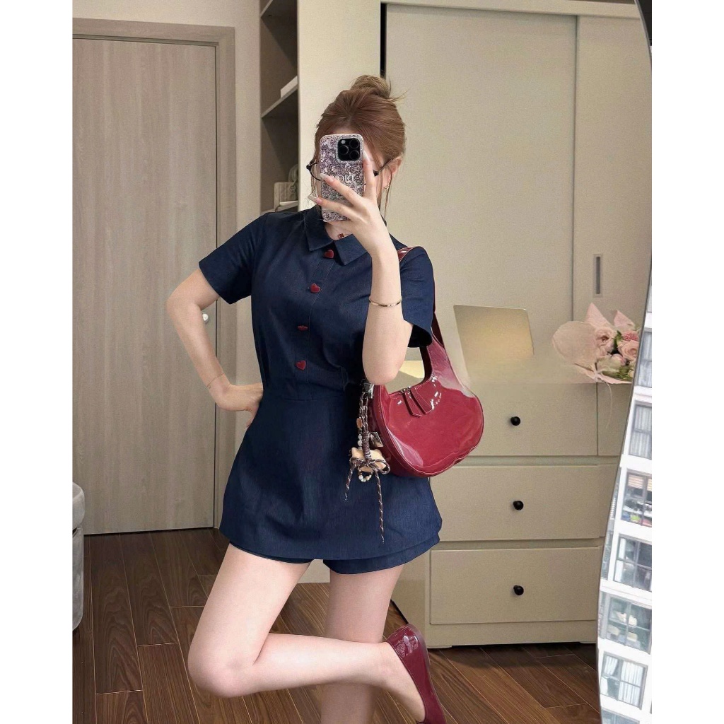 NH CLOTHERS - Đầm sơ mi nữ dáng ngắn tay lỡ chiết eo họa tiết trái tim nhỏ xinh