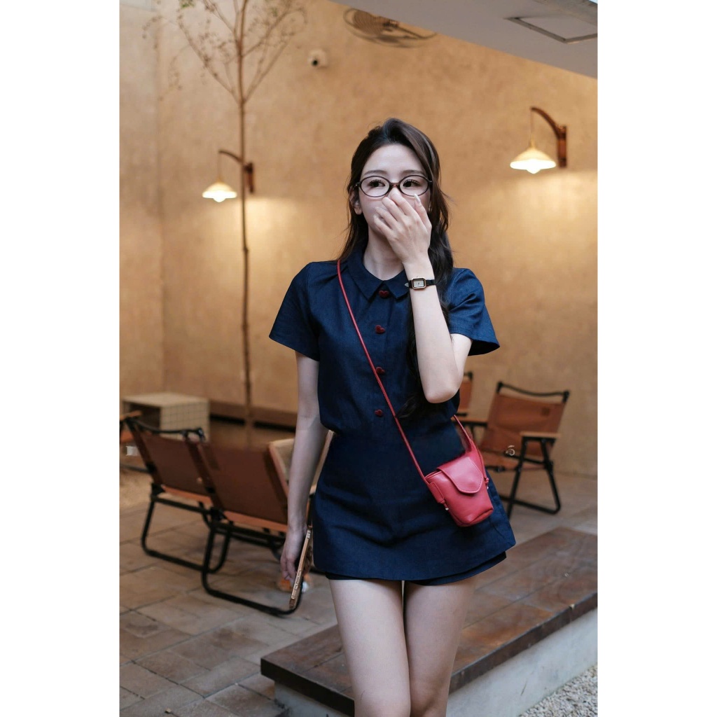 NH CLOTHERS - Đầm sơ mi nữ dáng ngắn tay lỡ chiết eo họa tiết trái tim nhỏ xinh