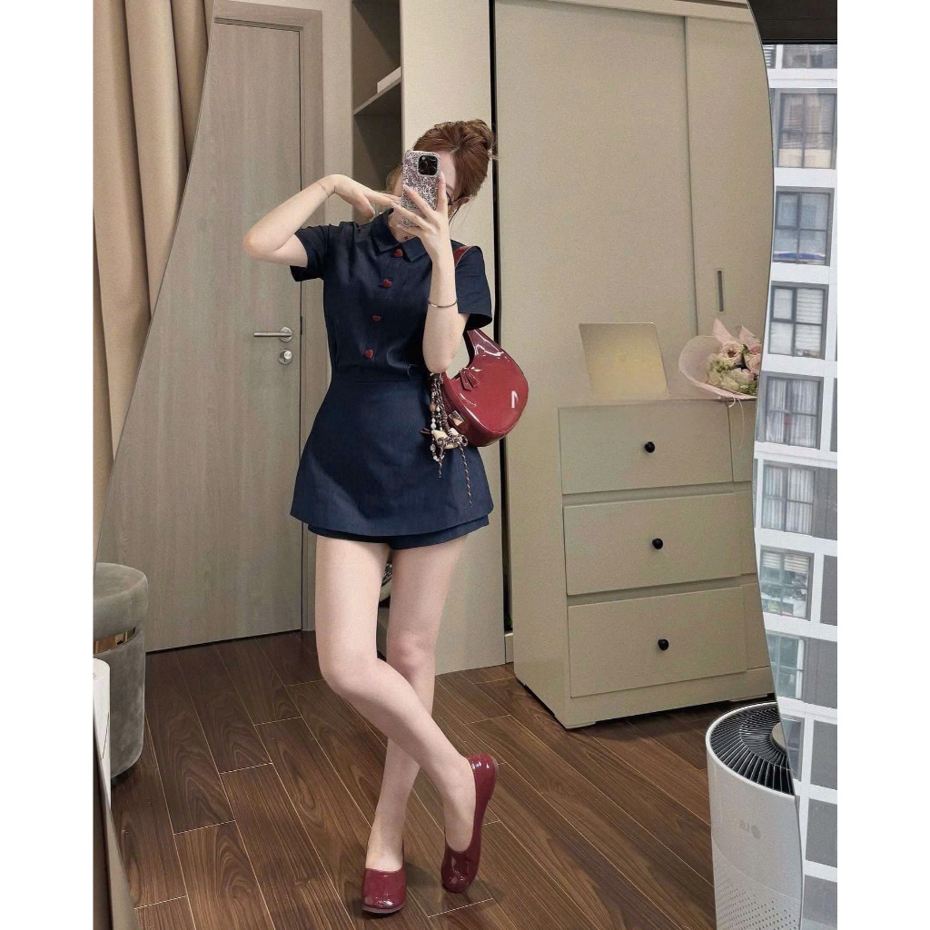 NH CLOTHERS - Đầm sơ mi nữ dáng ngắn tay lỡ chiết eo họa tiết trái tim nhỏ xinh