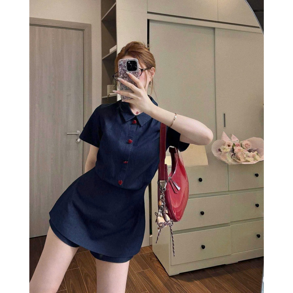 NH CLOTHERS - Đầm sơ mi nữ dáng ngắn tay lỡ chiết eo họa tiết trái tim nhỏ xinh