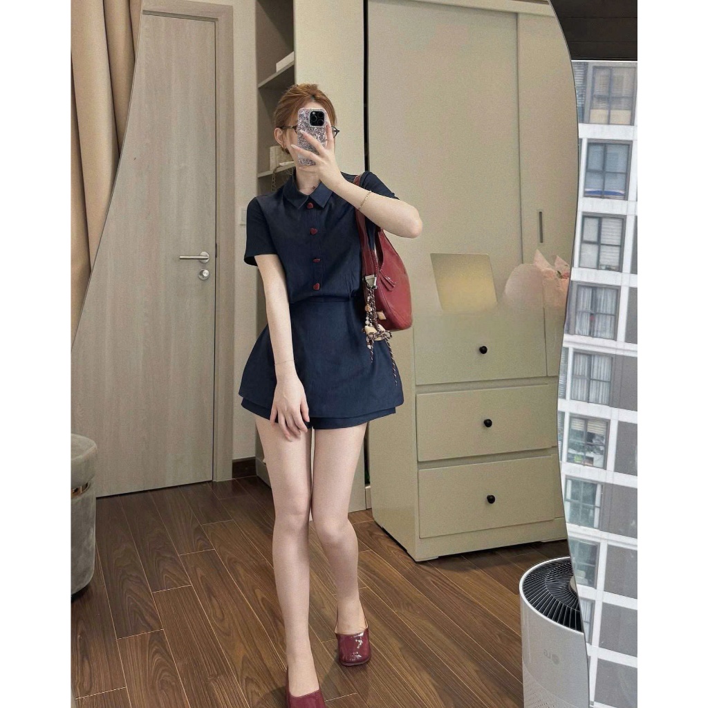 NH CLOTHERS - Đầm sơ mi nữ dáng ngắn tay lỡ chiết eo họa tiết trái tim nhỏ xinh