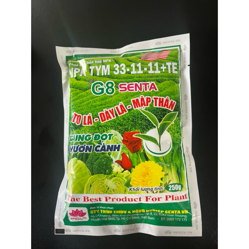 Phân bón lá G8 senta NPK 33-11-11 To lá-Dày lá- Mập Thân (gói 250gr)