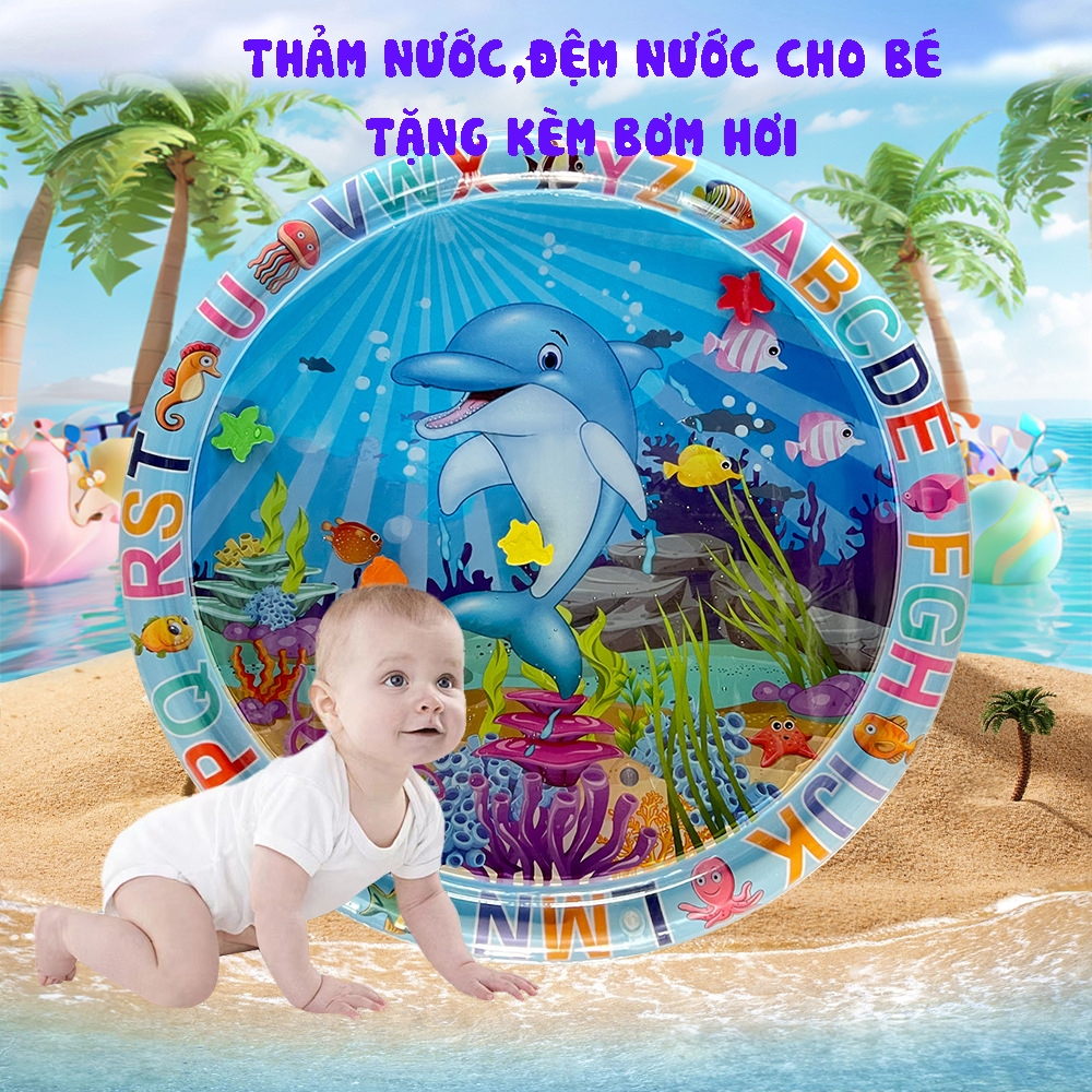 Size 100x100cm - Đồ chơi thảm đệm nước vui chơi cho bé kèm bơm tay giúp bé bò trờn kĩ năng
