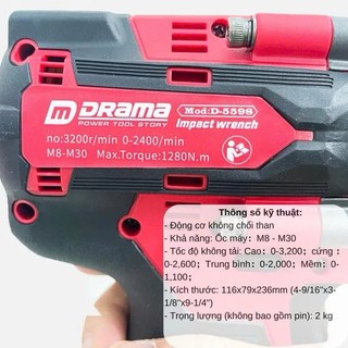 Tặng bộ khẩu Máy Bulong Pin DRAMA D-5598 Lực Siết Khỏe Động Cơ Không Chổi Than