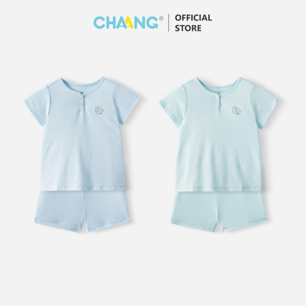 [CHAANG 6M-7Y] Bộ quần áo cộc cúc cổ Sóng cho bé trai và bé gái