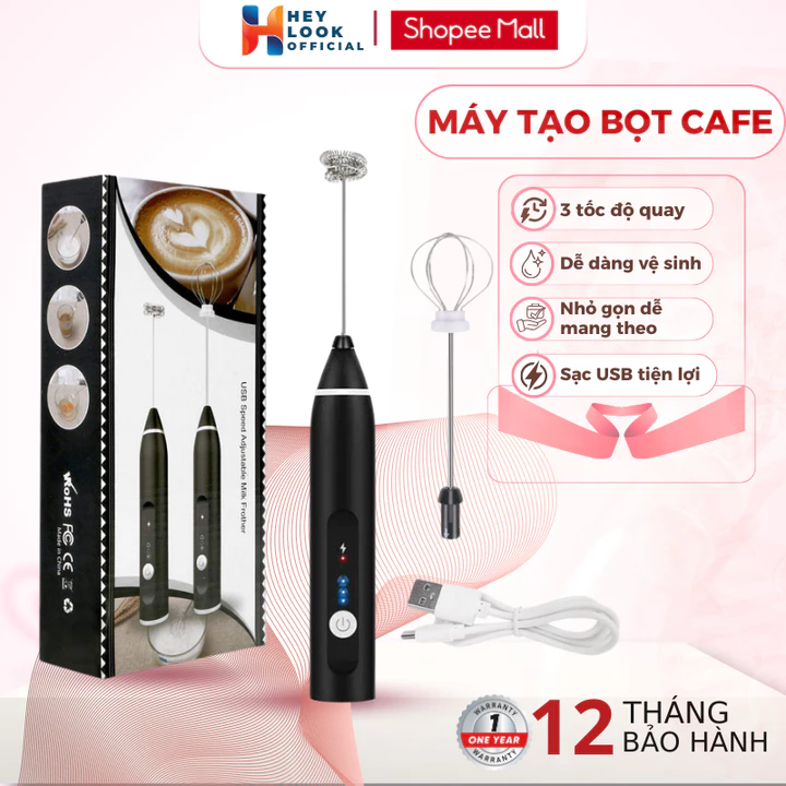 Máy tạo bọt cafe, máy đánh trứng mini cầm tay sạc USB 3 tốc độ sử dụng pin sạc cao cấp