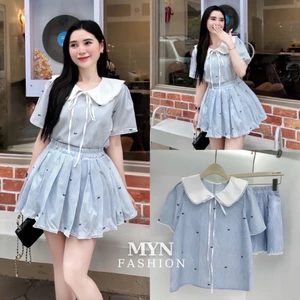 Sét Áo Sơ Mi Kẻ Xanh Nữ Cổ Sen Phối Ren Kèm Nơ Mix Chân Váy Xếp Ly Cạp Chun Viền Ren Vải Thô Mềm Loại Đẹp [MY57]