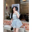 Sét Áo Sơ Mi Kẻ Xanh Nữ Cổ Sen Phối Ren Kèm Nơ Mix Chân Váy Xếp Ly Cạp Chun Viền Ren Vải Thô Mềm Loại Đẹp [MY57]