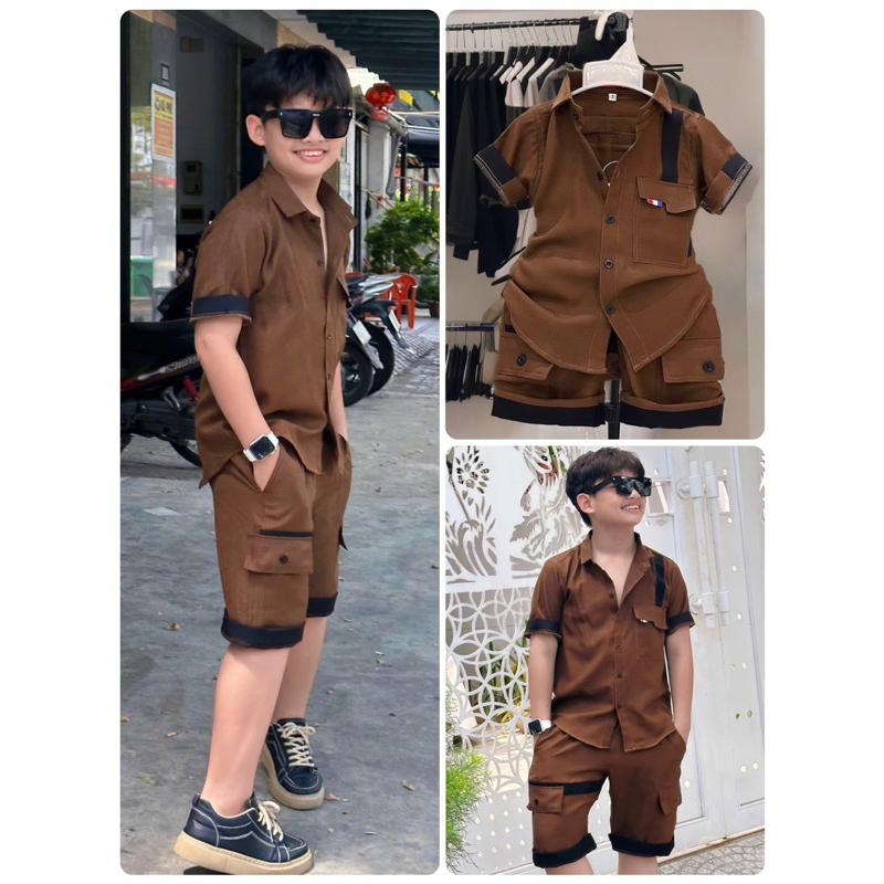 Bộ sơmi thiết kế phối nâu cho bé Trai 10-52kg