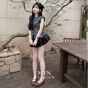 Set Bộ Bò Jean Sát Nách Tay Bèo Kèm Chân Váy Ren Xòe Tầng Có Quần Bảo Hộ Siêu Xinh, Hàng Loại Đẹp [MYN150]