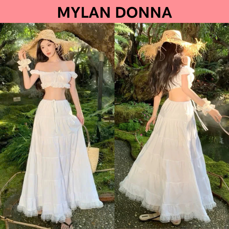 Set Váy Nữ Đi Biển - Áo Croptop Trễ Vai Đính Nơ Kèm Chân Váy Maxi Viền ...