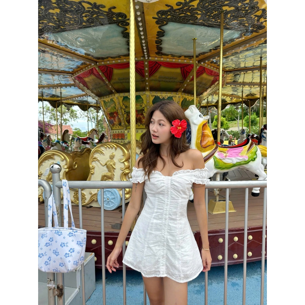Váy Midi Nữ Trễ Vai Ngắn Thô Boi Thêu Hoa Ren Cúp Ngực Form Chữ A Tôn ...