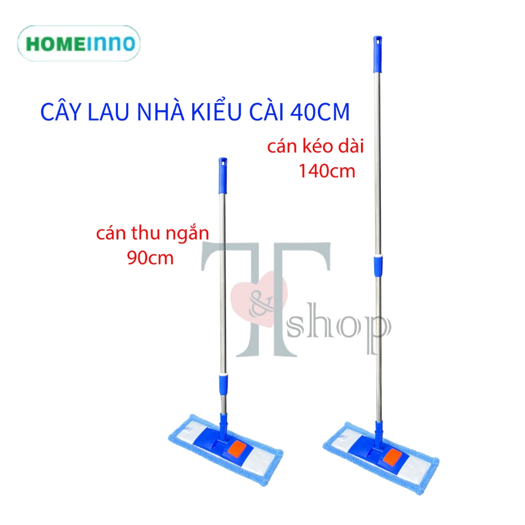 [HỎA TỐC]Cây Lau Nhà Inox Tấm Lau Mịn / San Hô 40cm Đế Nhựa Kiểu Cài Homeinno Cán Tăng Đơ Thu Ngắn 90cm Dài Ra 140cm