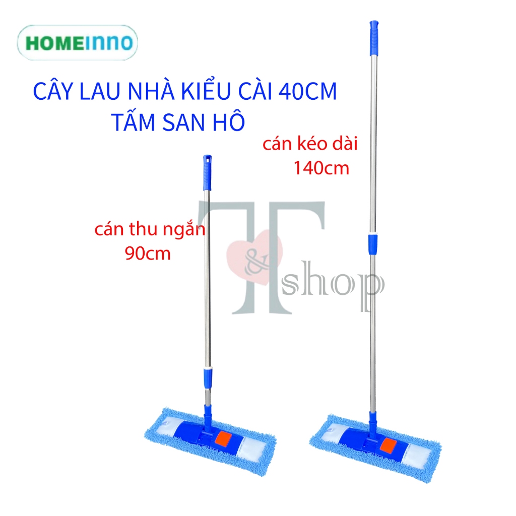 [HỎA TỐC]Cây Lau Nhà Inox Tấm Lau Mịn / San Hô 40cm Đế Nhựa Kiểu Cài Homeinno Cán Tăng Đơ Thu Ngắn 90cm Dài Ra 140cm