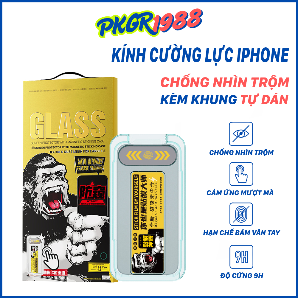 [ Đã Có iP17 ] Kính Cường Lực IPHONE Chống Nhìn Trộm Kèm Khung Tự Dán+tự lấy bụi WTP-057 cho iP X đến 17 Pro Max