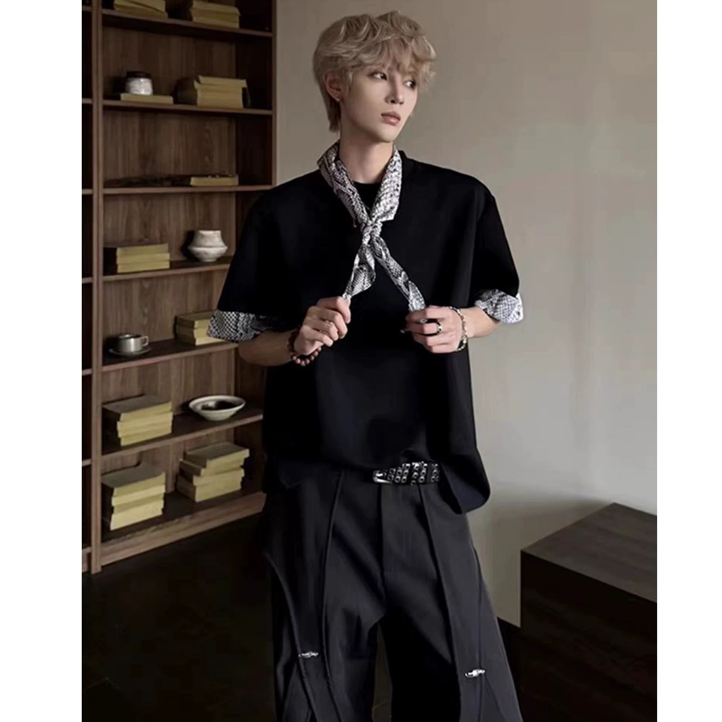Áo thun Stee Cổ tròn PYTEE mix khăn cổ ICVCVNI Unisex Menwear Cotton