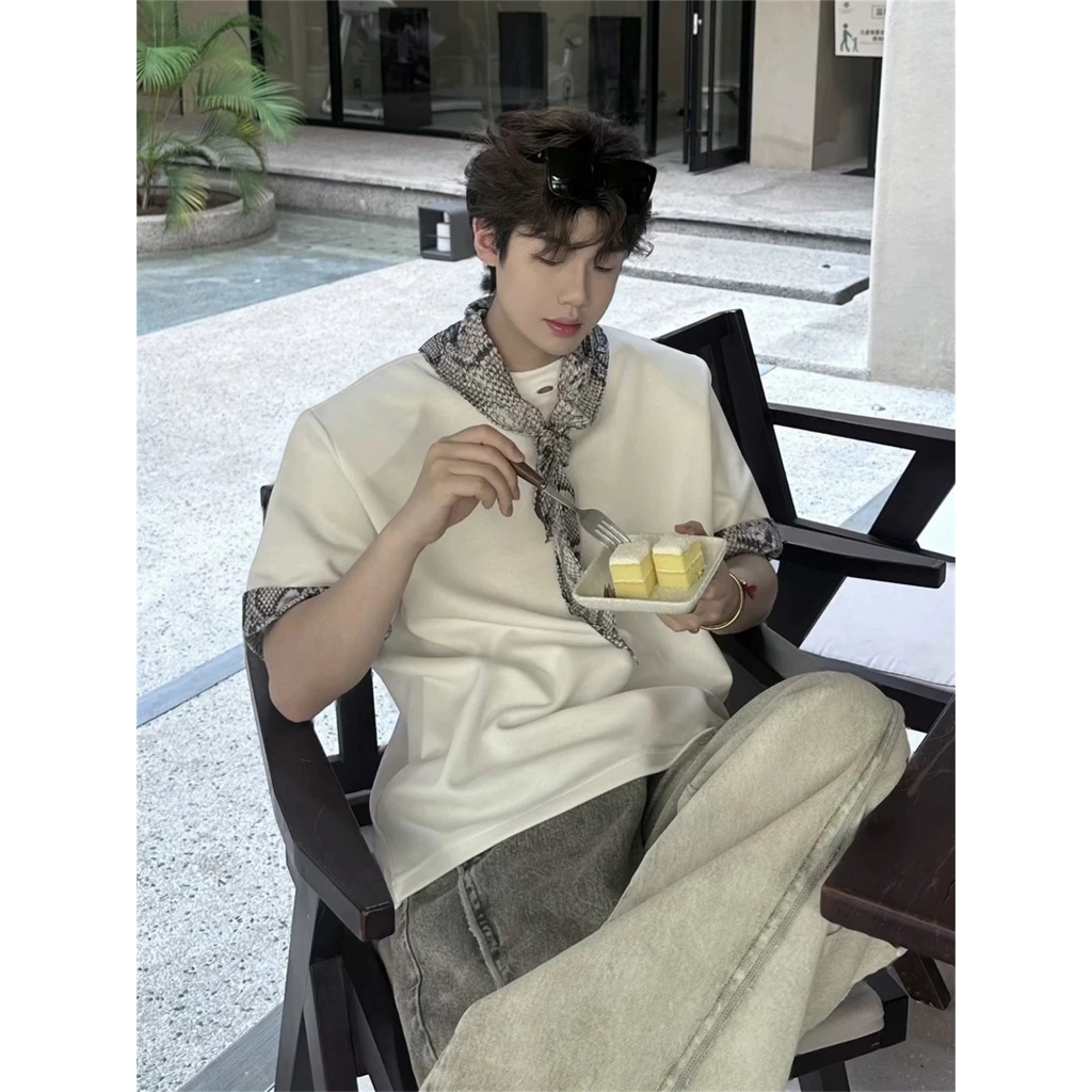 Áo thun Stee Cổ tròn PYTEE mix khăn cổ ICVCVNI Unisex Menwear Cotton