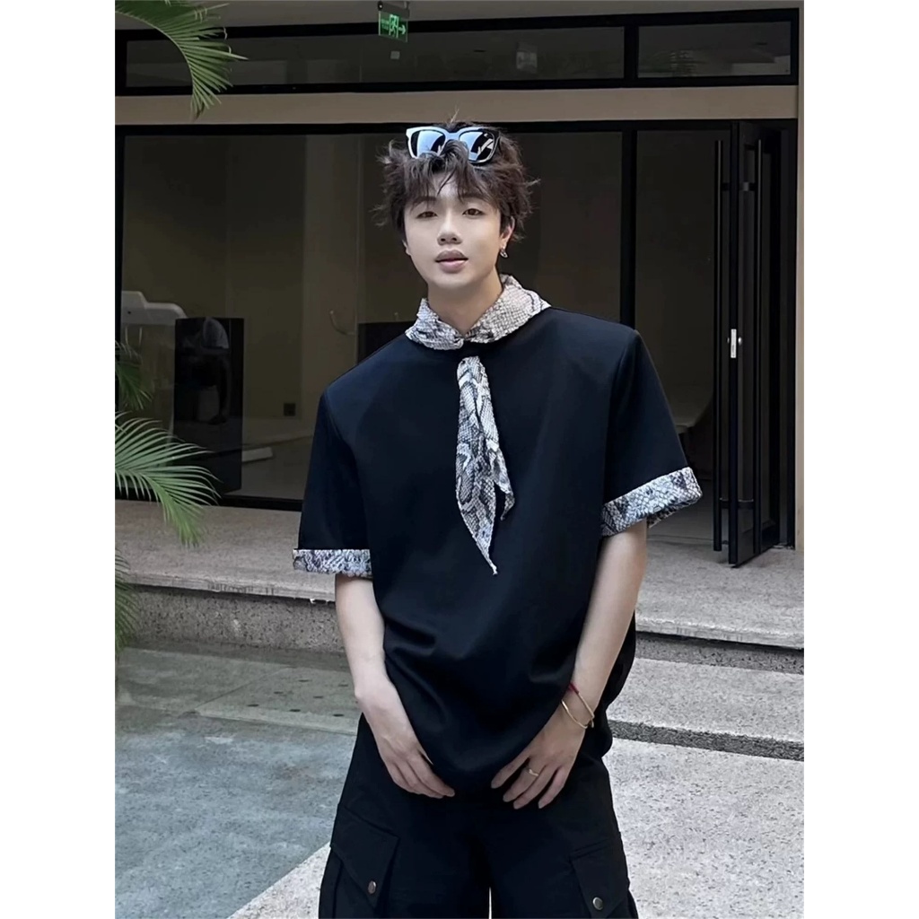 Áo thun Stee Cổ tròn PYTEE mix khăn cổ ICVCVNI Unisex Menwear Cotton