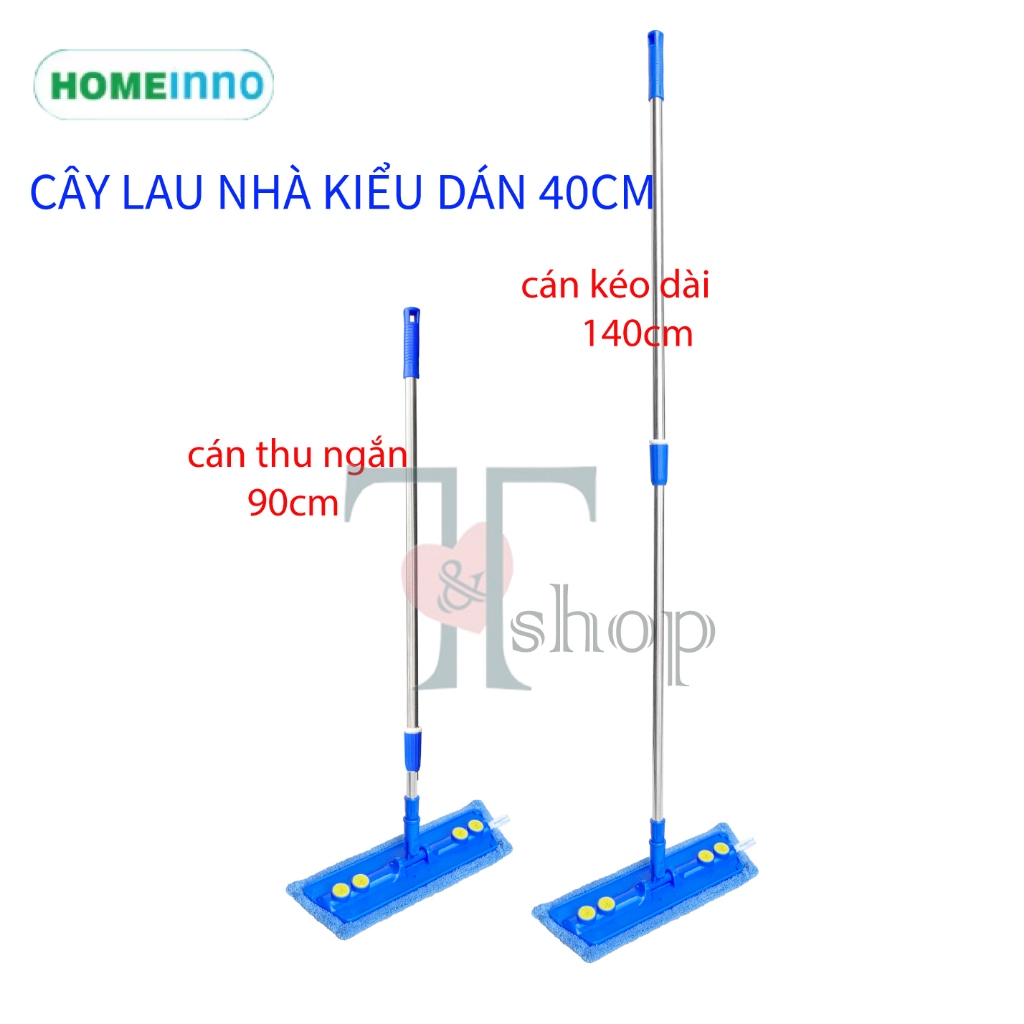 [HỎA TỐC] Cây Lau Nhà Bảng Lau Dán Nhựa 40cm Homeinno Cán Rút 90cm - Kéo Dài 140cm