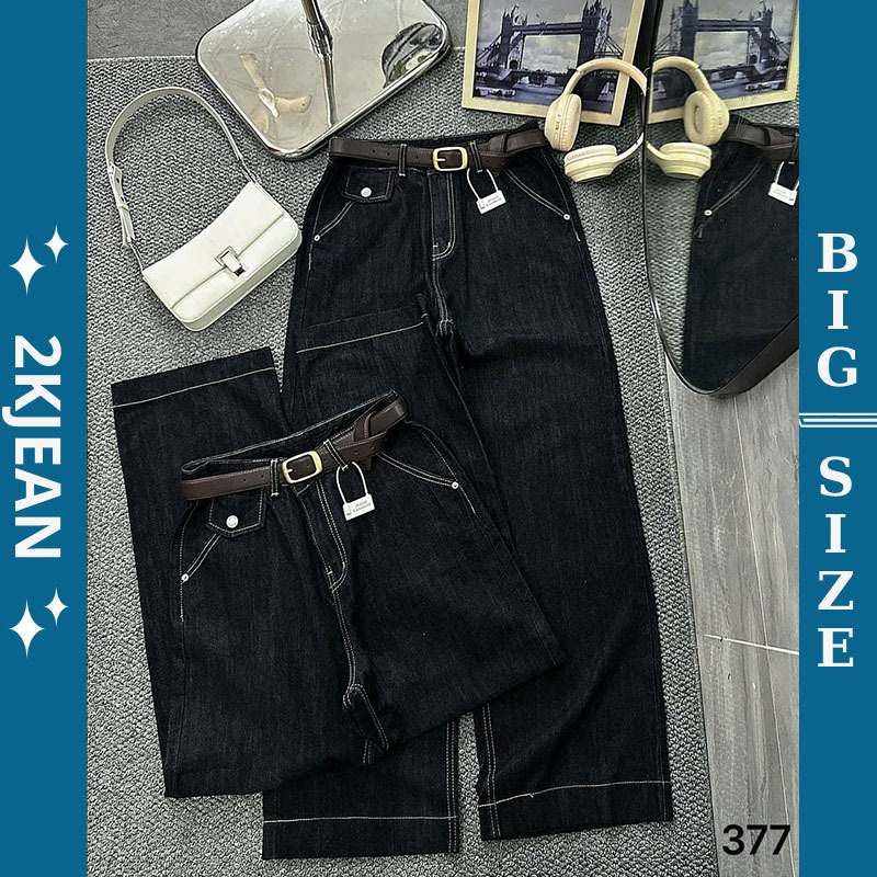 Quần ống suông rộng jean nữ túi kiểu Bigsize 55kg-90kg hàng QC cao cấp, kiểu dáng ống rộng màu xanh than QC377 2KJeans | BigBuy360 - bigbuy360.vn