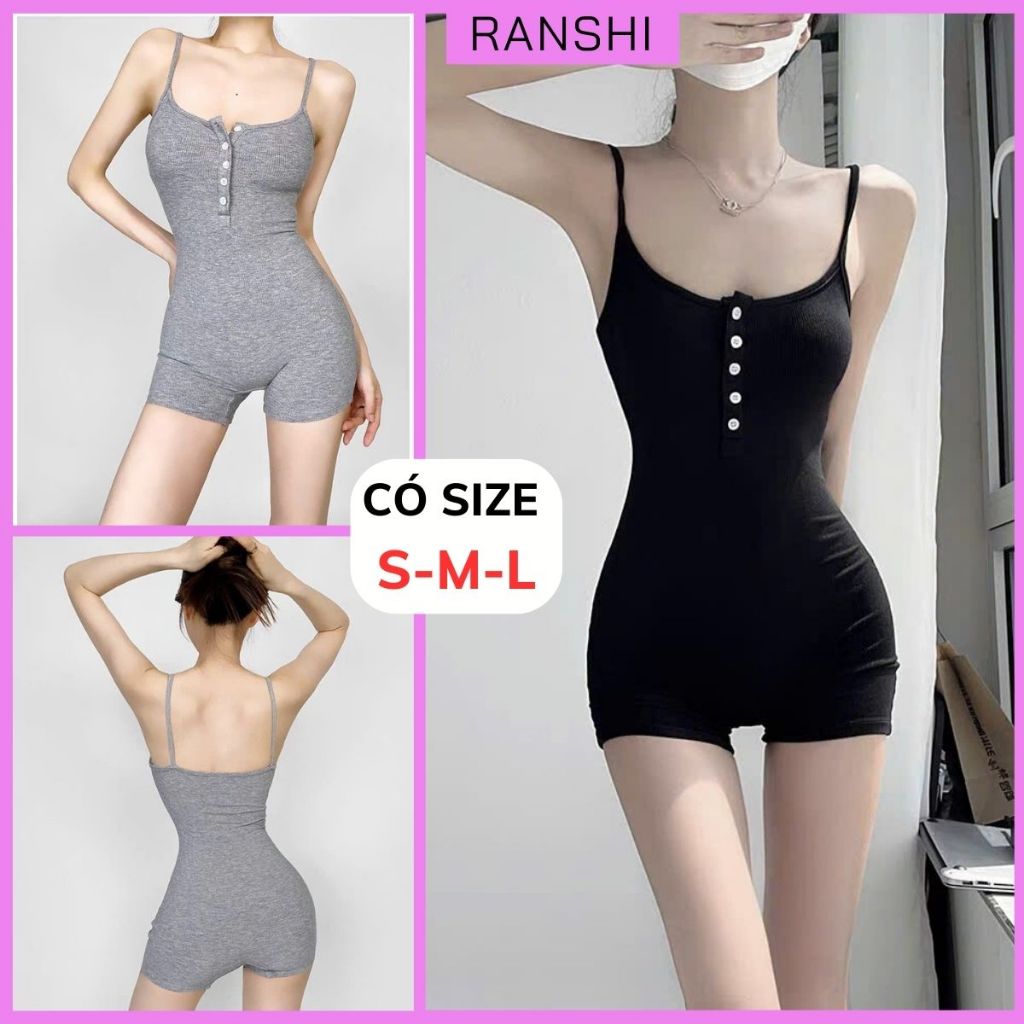 [CÓ SIZE] Jumpsuit Hai Dây Phối Cúc Ngực RANSHI SẴN MÚT NGỰC Liền Thân Ôm Body Sexy Quyến Rũ Chất Thun Tăm Lạnh - RBS046