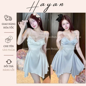 HT94a Váy ngủ sexy phối ren bèo v1 kèm ĐỆM LÓT,đồ ngủ lụa triết eo dáng xoè HT94a MÚT