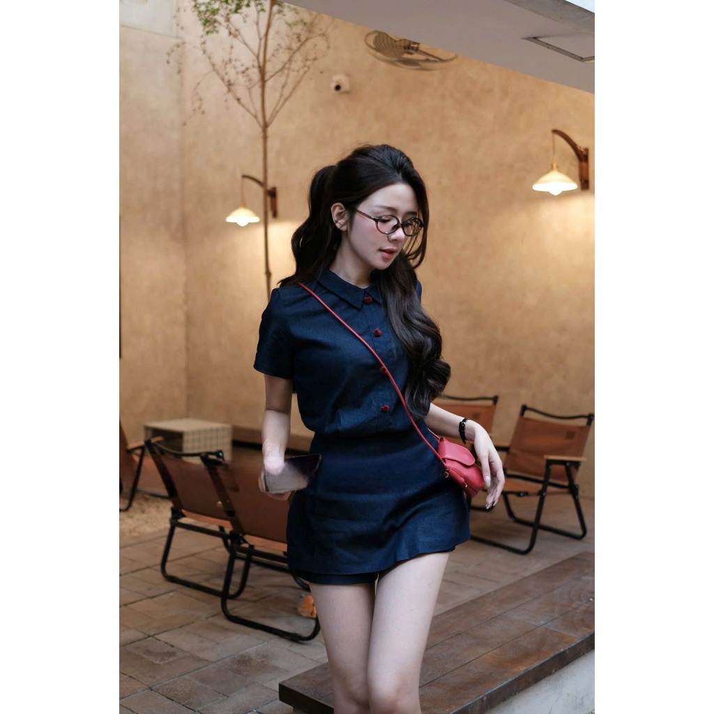 NH CLOTHERS - Đầm sơ mi nữ dáng ngắn tay lỡ chiết eo họa tiết trái tim nhỏ xinh