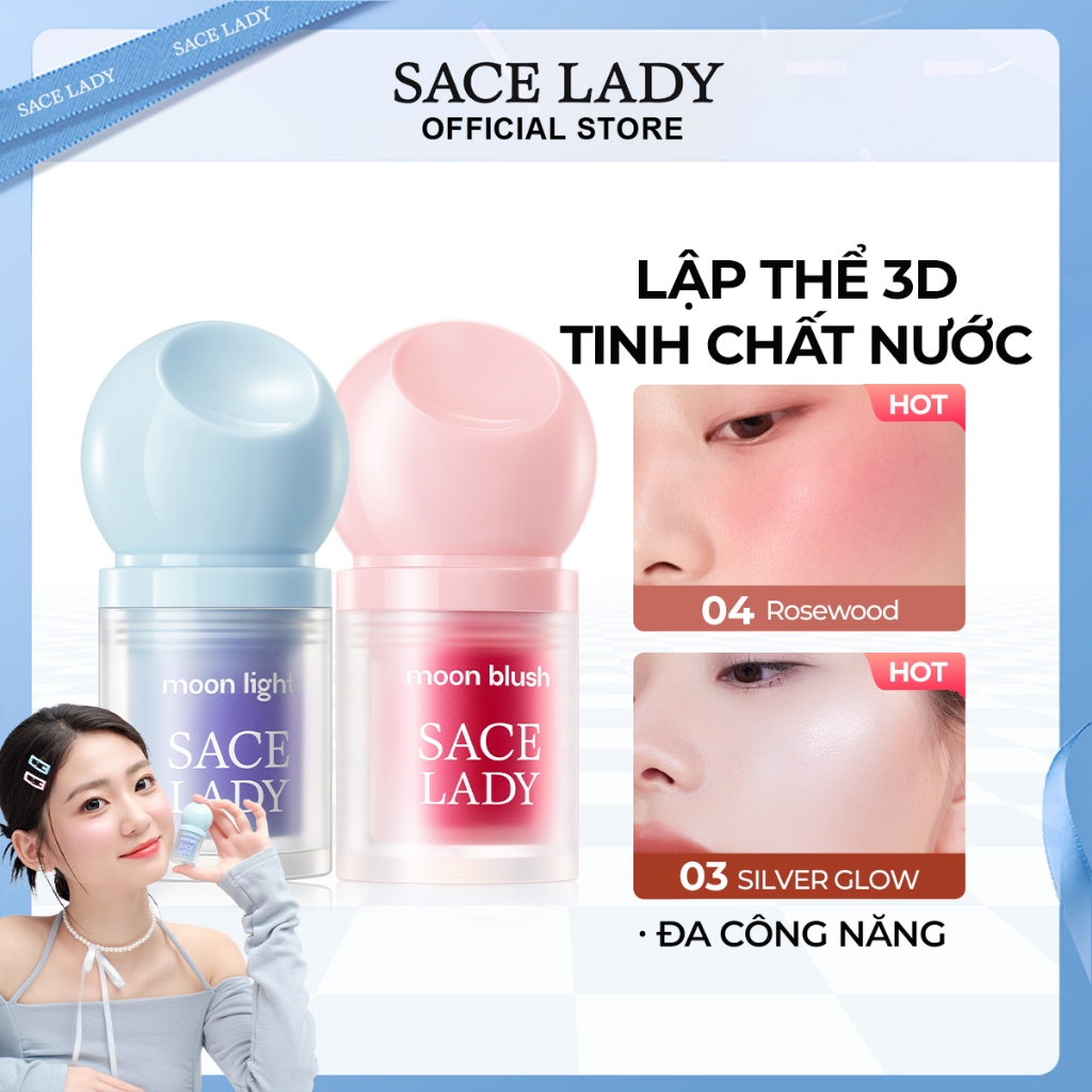 SACE LADY Má hồng lười + Kem bắt sáng dạng lỏng  lâu trôi, điểm tự nhiên cho mặt bộ makeup 7g