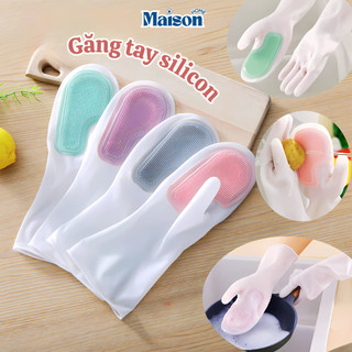 Găng tay cao su tích hợp bàn chải silicon mềm, găng tay có bàn chải rửa bát rau củ cọ rửa nhà bếp