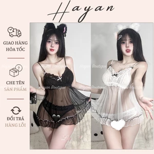 HT163 Váy ngủ sexy đính nơ xẻ v1 dáng xoè tiểu thư,đồ ngủ ren xuyên thấu tôn dáng HT163