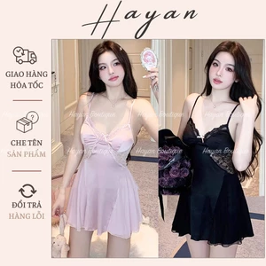 HT214a Váy ngủ sexy đính nơ phối ren hông kèm ĐỆM LÓT,đồ ngủ lụa triết eo tôn dáng HT214a