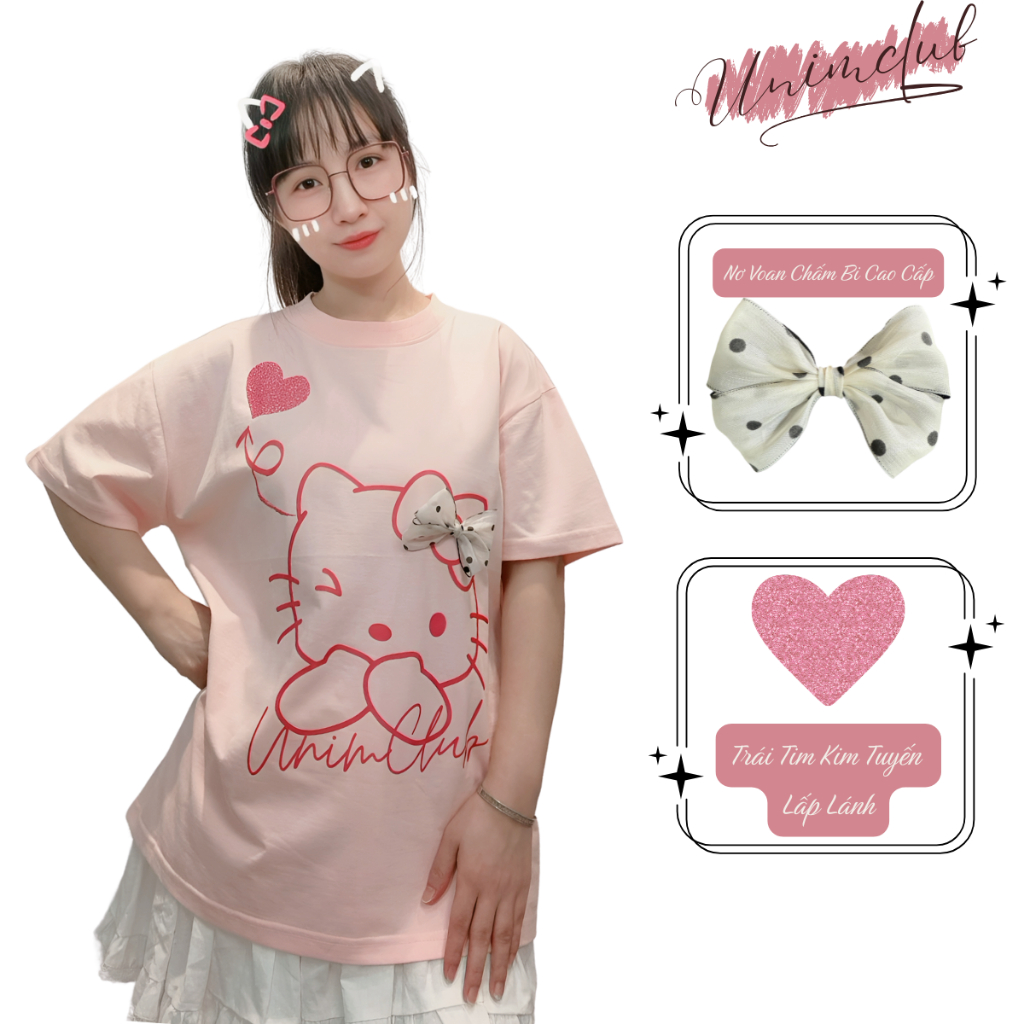 [Tặng Kèm Nơ Chấm Bi] Áo Thun Boxy Kitty Nơ Voan Hàn Quốc Chấm Bi Cao Cấp Cotton 250gsm Mềm Mịn Thoáng Mát APB03