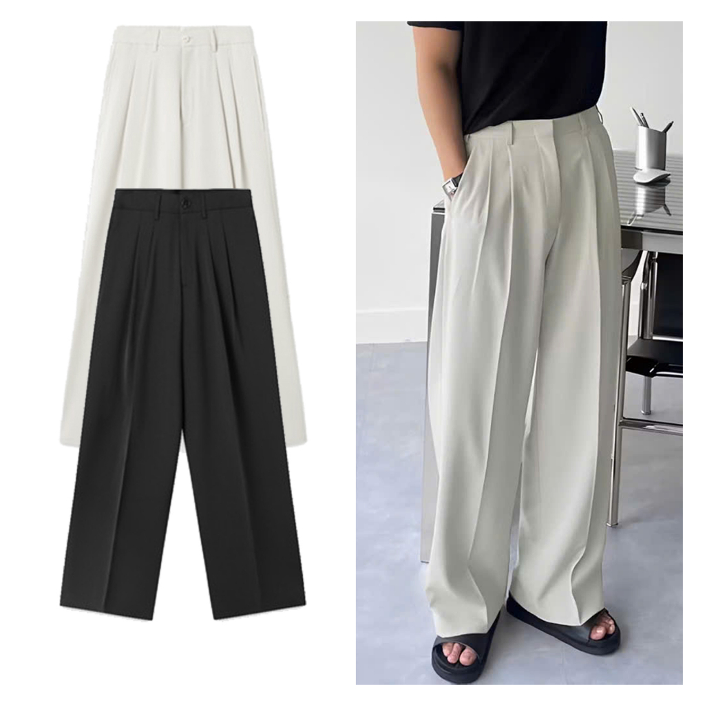 Quần Âu Nam Hàn Quốc Dáng Baggy Vải Co Giãn Dày Dặn Dáng Suông Ống Rộng, Màu Đen, Kem Halley D33