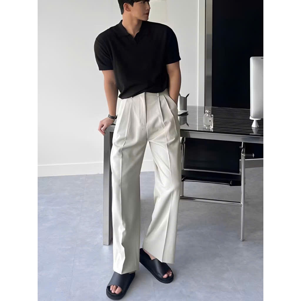 Quần Âu Nam Hàn Quốc Dáng Baggy Vải Co Giãn Dày Dặn Dáng Suông Ống Rộng, Màu Đen, Kem Halley D33