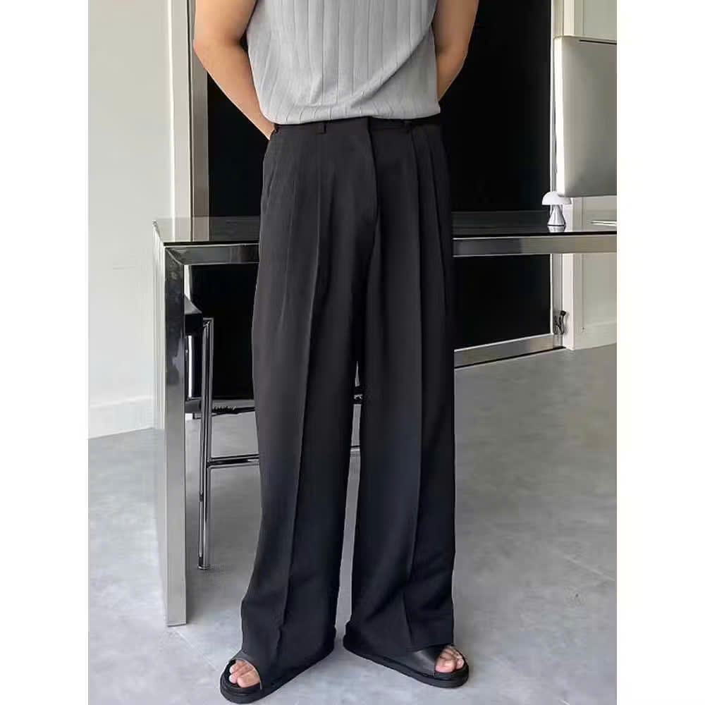 Quần Âu Nam Hàn Quốc Dáng Baggy Vải Co Giãn Dày Dặn Dáng Suông Ống Rộng, Màu Đen, Kem Halley D33