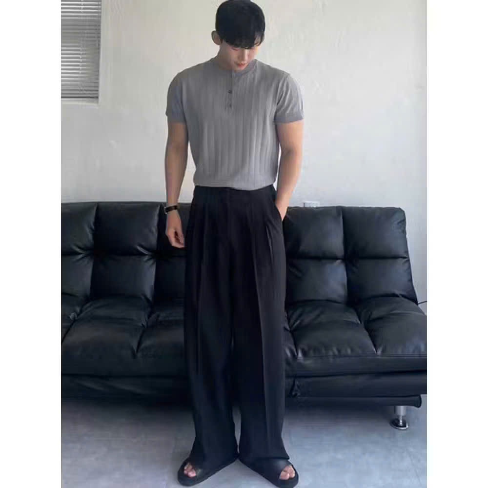 Quần Âu Nam Hàn Quốc Dáng Baggy Vải Co Giãn Dày Dặn Dáng Suông Ống Rộng, Màu Đen, Kem Halley D33