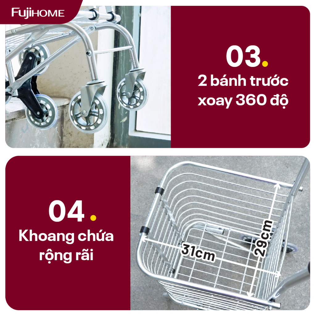 Xe kéo đi chợ leo cầu thang 8 bánh nhập khẩu FUJIHOME, xe đẩy hàng 2 - 4 bánh xếp gọn mini siêu thị, giỏ kéo có bánh xe