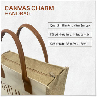 Túi tote Canvas Charm GYOMADE® chất liệu cao cấp, quai simili chắc chắn, có khóa kéo | GP009BR